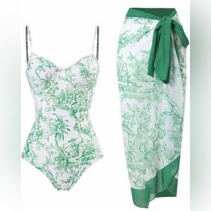 NWOT Vintage style green Chinoiserie Toile print push up 2 piece swim suit